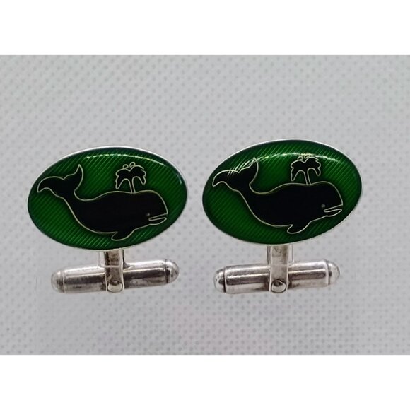 Vintage Brooks Brothers  Sterling Silver Green Enamel Whale Cufflinks - Picture 3 of 5